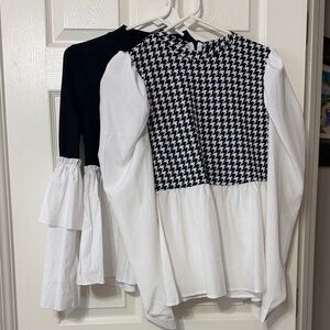 2 for 1 Black and White Houndstooth Blouse with Bell Sleeves